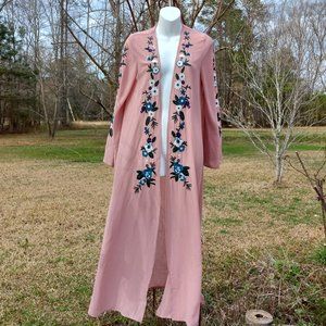 Peach Love California pink Boho floral embroidered long Maxi Kimono Duster S